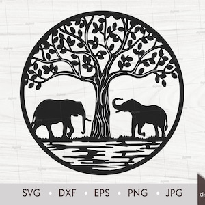May include: Black and white silhouette of a tree of life with two elephants on either side. The tree is in a circle with a textured background.