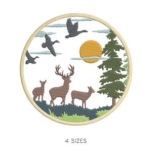 May include: Embroidered patch featuring a woodland scene with deer, geese, a sun, and a pine tree. The design is circular, with a tan border and the text "4 SIZES" at the bottom. The color palette includes shades of brown, green, blue, and yellow.