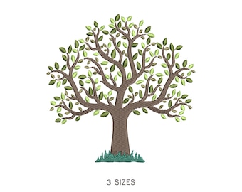 May include: Embroidered tree design with a brown trunk and branches, adorned with green leaves. The tree is set against a white background. The text "3 SIZES" is below the tree.
