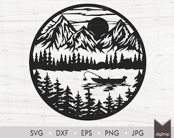 Fishing in Mountain Lake with Forest. Laser Cut Template. Wildlife Scene. SVG files. Digital Silhouette. Instant Download Digital File