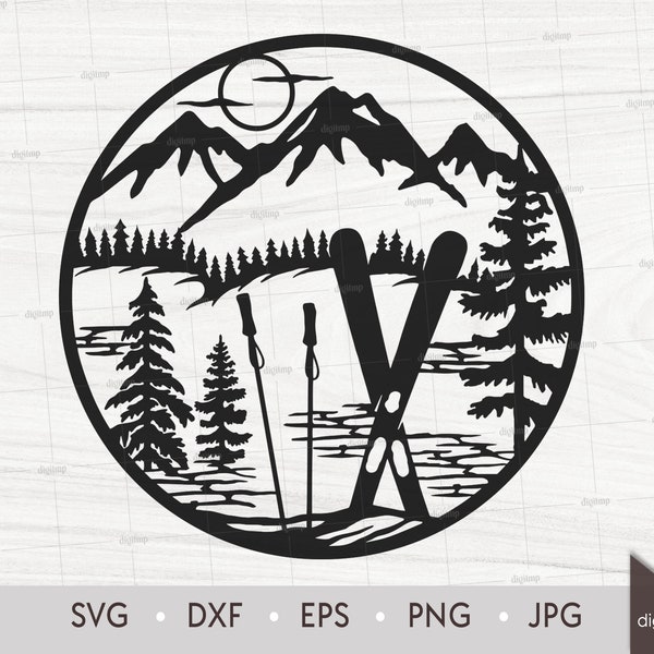 Skiing in Mountains and Pine Fir Forest. Laser Cut Template. Wildlife Scene. SVG files. Digital Silhouette. Instant Download Digital File