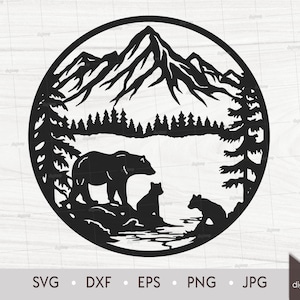 Bear and Children in Forest Mountain Lake Scene. Laser Cut Template. Nature Scene. SVG files. Digital Clipart. Instant Download Digital File