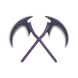 May include: An embroidered patch featuring two crossed scythes with curved blades. The blades are colored in shades of dark purple, black, and white, while the long, slender handles are textured with a vibrant purple thread pattern throughout.
