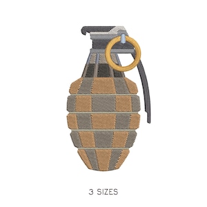 May include: An embroidered design of a hand grenade in shades of brown, gray, and gold. The grenade has a checkered pattern on the body and a gold ring. The text "3 SIZES" is below the grenade.