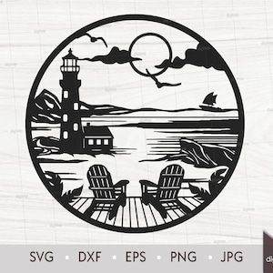 Puede incluir: Silueta en blanco y negro de un faro, una pequeña casa, dos sillas y un velero en una playa con un gran sol y nubes en el fondo. La escena está enmarcada en un círculo.