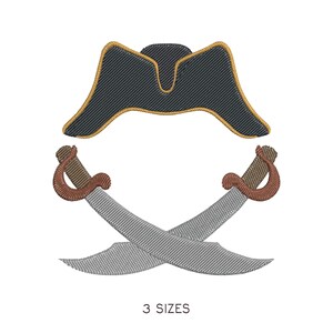 May include: An embroidered pirate-themed design featuring a black tricorn hat with gold trim above two crossed cutlasses. The cutlasses have silver blades and brown handles. The text "3 SIZES" is at the bottom.