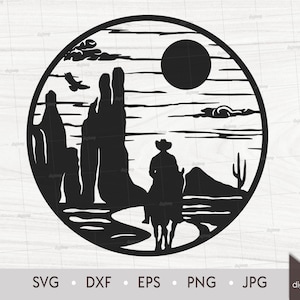 May include: Black and white silhouette of a cowboy riding a horse in front of a mountain range with a large moon in the sky. The scene is set against a striped background.