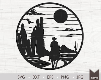 Cowboy on Horse Twinni Laser Cut Template: Western Landscape Scene (SVG, DXF, Clipart)