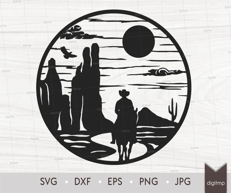 May include: Black and white silhouette of a cowboy riding a horse in front of a mountain range with a large moon in the sky. The scene is set against a striped background.
