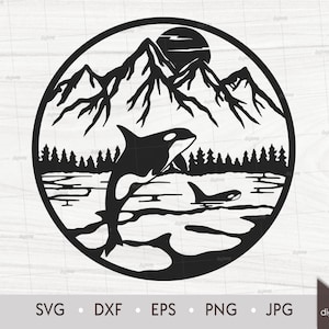 Mountains and Killer Whale in Sea Scene. Laser Cut Template. Wildlife Scene. SVG files. Digital Clipart. Instant Download Digital File