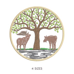 Walking Couple Moose and Old Branched Leafy Tree Embroidery Design. Machine Embroidery Pattern. Animals Scene. Fast Download Digital File