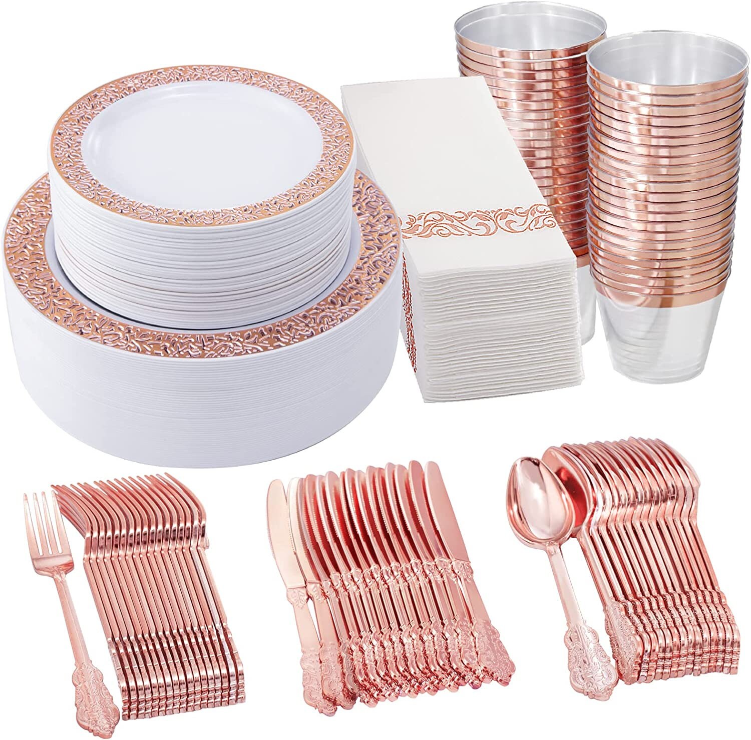 VNSG Premium Plastic Disposable Dinnerware Sets Rose Gold here to give