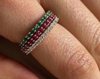 Oro macizo de 14 quilates - Anillo tachonado con 15 piedras preciosas (diamantes/diamantes de laboratorio/rubí/esmeralda) - Total 0,3 quilates