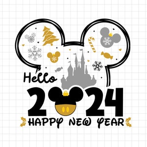 Happy New Year Svg, Svg du nouvel an 2024, Château magique Nouvel an, vacances en famille, Svg de voyage du nouvel an, souris nouvel an Png fichiers Cricut