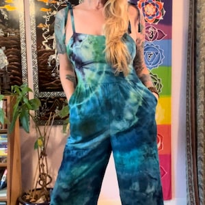 Tie Dye Linen Blend Tie Shoulder Jumpsuit with Pockets