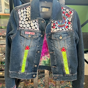 Grateful Dead inspired patchwork denim jean jacket upcycle