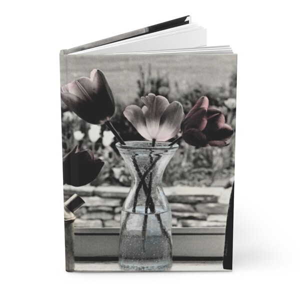 Tulips in a Window, A Hand Tinted Black & White Photograph Design on a Hardcover Journal Matte