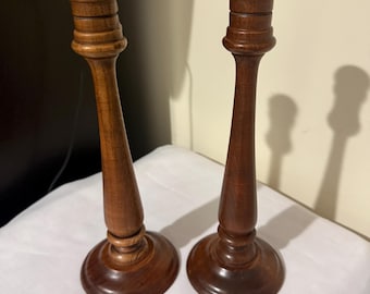 Set of Two Wooden Candle Holders w/ Brass Inserts