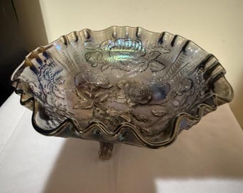 Gorgeous Imperial Glass Rose Embossed Carnival Glass Bowl
