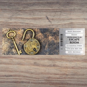 Boleto regalo ESCAPE ROOM personalizado e imprimible. Descarga digital instantánea de PDF. Gran regalo sorpresa, souvenir o recuerdo.