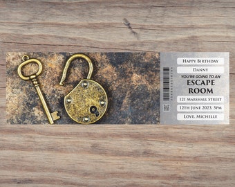 Personalised printable ESCAPE ROOM gift ticket. Instant PDF digital download. Great surprise gift, souvenir or keepsake