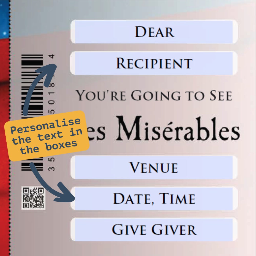 Personalised Printable LES MISERABLES Gift Ticket. Instant PDF Digital ...