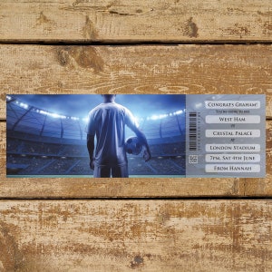 Personalised printable FOOTBALL (soccer) MATCH gift ticket. Instant PDF digital download. Great surprise gift, souvenir or keepsake