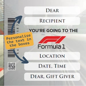 Personalised printable FORMULA 1 ONE gift ticket. Instant PDF digital download. Great surprise gift, souvenir or keepsake image 3