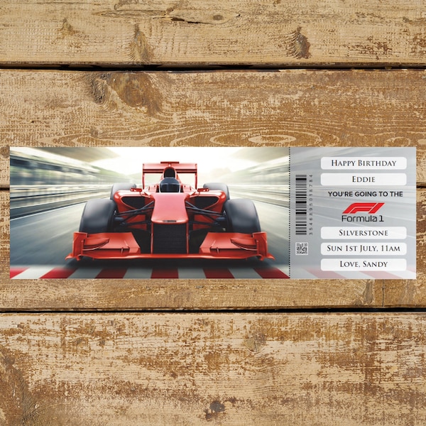 Personalised printable FORMULA 1 ONE gift ticket. Instant PDF digital download. Great surprise gift, souvenir or keepsake