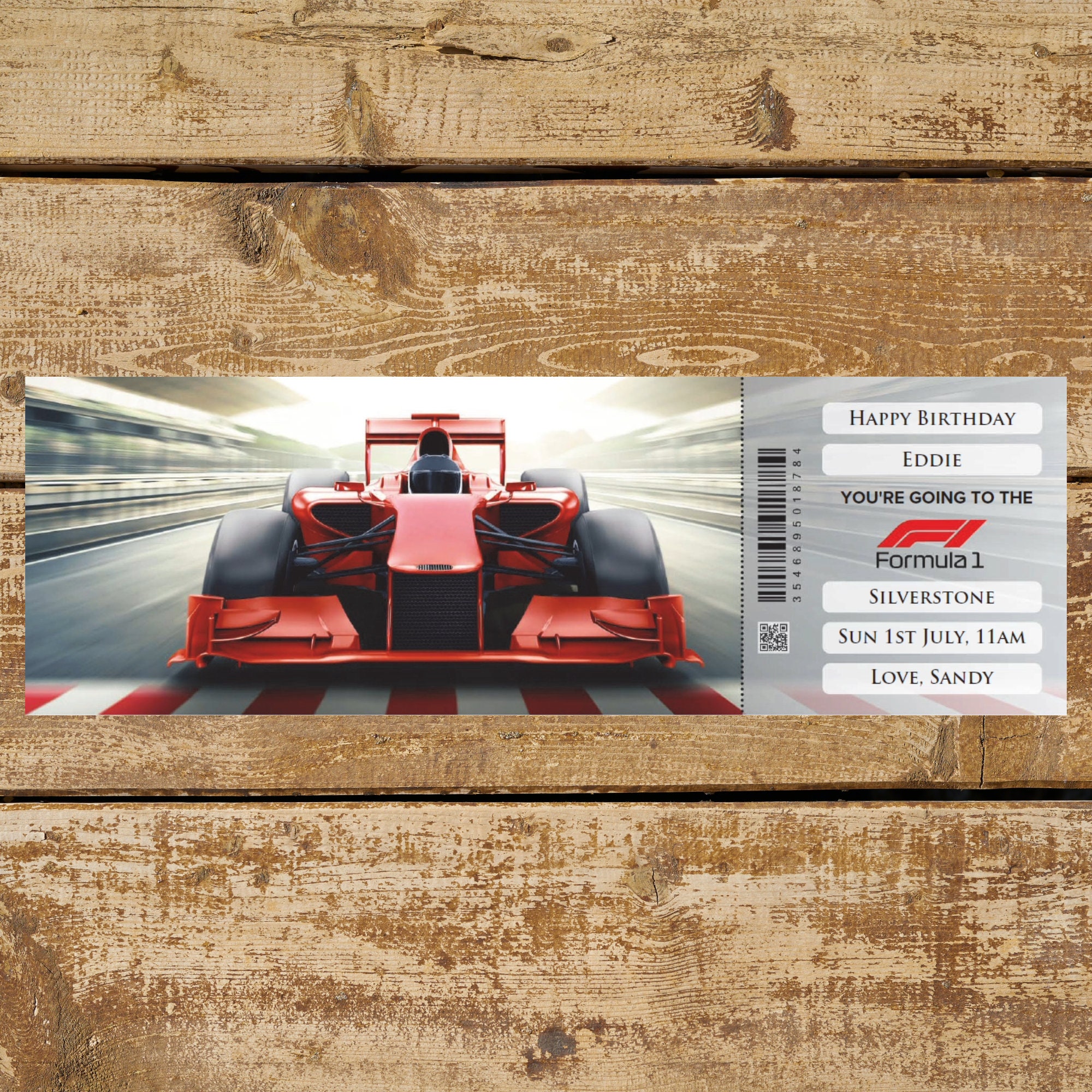 Personalised printable FORMULA 1 ONE gift ticket. Instant PDF digital download. Great surprise gift, souvenir or keepsake