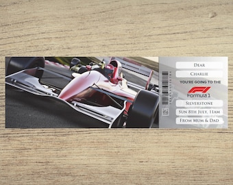 Personalised printable FORMULA 1 ONE gift ticket. Instant PDF digital download. Great surprise gift, souvenir or keepsake