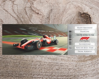 Personalised printable FORMULA 1 ONE gift ticket. Instant PDF digital download. Great surprise gift, souvenir or keepsake