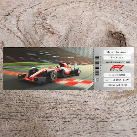 Personalised printable FORMULA 1 ONE gift ticket. Instant PDF digital download. Great surprise gift, souvenir or keepsake