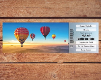 Personalised printable HOT AIR BALLOON ride gift ticket. Instant pdf digital download. Great surprise gift, souvenir or keepsake