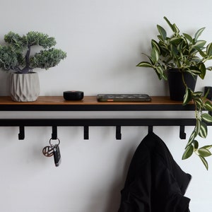 Unique wall mount entryway organizer with hooks Modern hallway coat rack Industrial keys and mail holder Housewarming decor Valentine's gift image 1