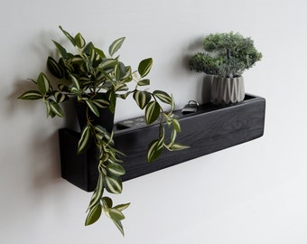 Entryway wall mount floating shelf with hooks Industrial farmhouse decor Black wooden unique plants rack Hallway keys and mail holder Gifts