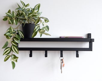 Wall mount enrtyway floating hanger with hooks|Unique hallway storage|Industrial keys and mail wood holder|Housewarming decor|Christmas gift
