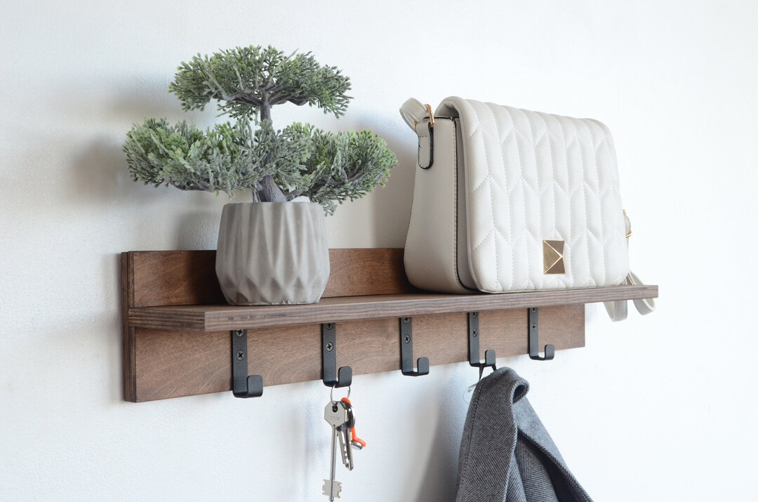 Unique Floating Entryway Wall Mounted Shelf With Metal Hooks Hallway
