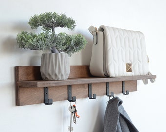 Unique floating entryway wall mounted shelf with metal hooks Hallway decor Keys holder Rustic organizer Plywood coat rack Housewarming gifts