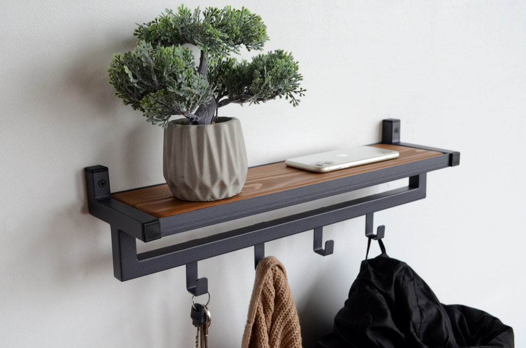 Wall Mounted Entryway Shelf With Hooks Unique Floating Metal Etsy