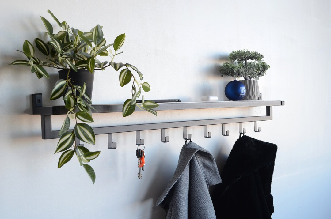 Unique Entryway Wall Mount Shelf With Hooks Floating Metal Coat Rack Modern Keys and Mail Holder