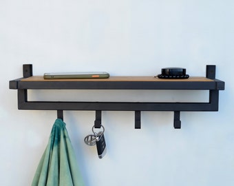 Unique wall mounted floating shelf with hooks Industrial coat rack Wooden craft key and mail holder Rustic cloth hanger Black friday sales