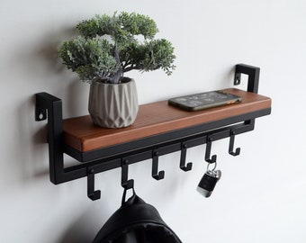 Floating wall mount entryway rack with shelf Metal coat racks Unique cloth holder Mail||keys hanger Housewarming gifts Industrial home decor