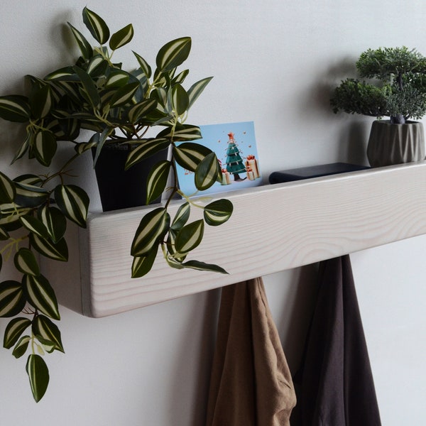 Entryway wall mount shelf with hooks Floating hallway organizer Unique key and mail holder Rustic shelf for plants Housewarming craft gifts