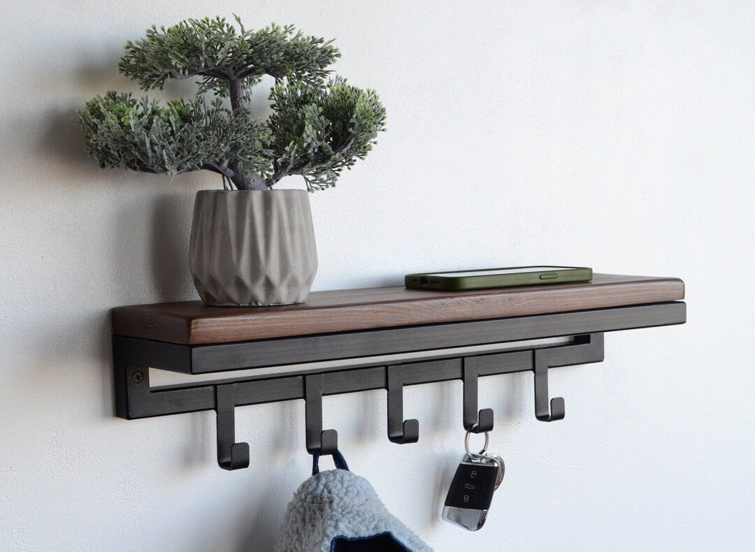Entryway Wall Mount Floating Organizer With Hooks Industrial Coat Rack Hallway Keys and Mail