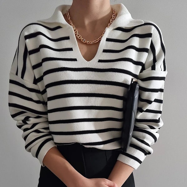 White Striped Sweater, Minimalistic Long Sleeve Striped Sweater, Y2K Sweater, Korean Style Sweater, Loose Striped Sweater, Oversize Knitted