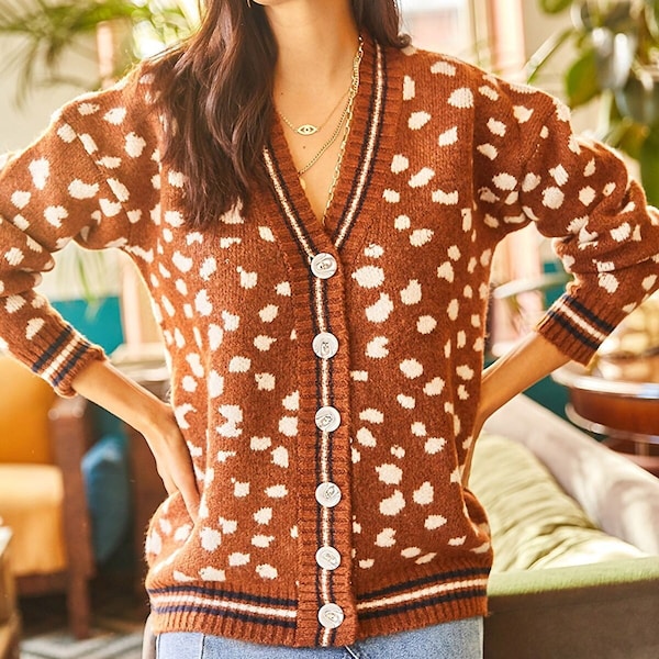 Women Leopard Cardigan, Animal Print Cardigan Sweater, Cheetah Sweater, Harajuku V Neck Cardigan, Vintage Sweater, Long Sleeve Sweater Knit