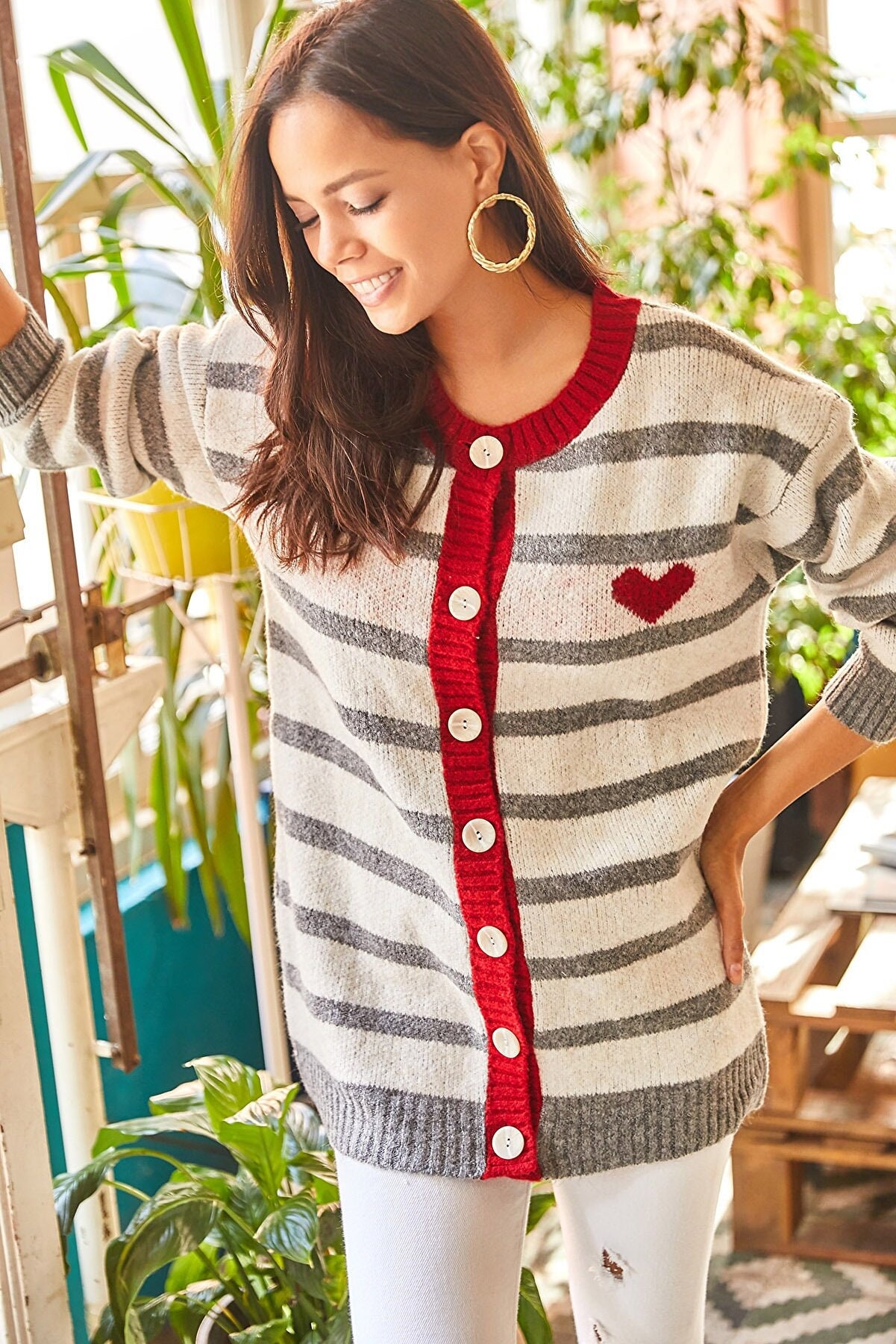 Heart Pattern Striped Sweater, Red Heart Knit Cardigan, Valentines Gift