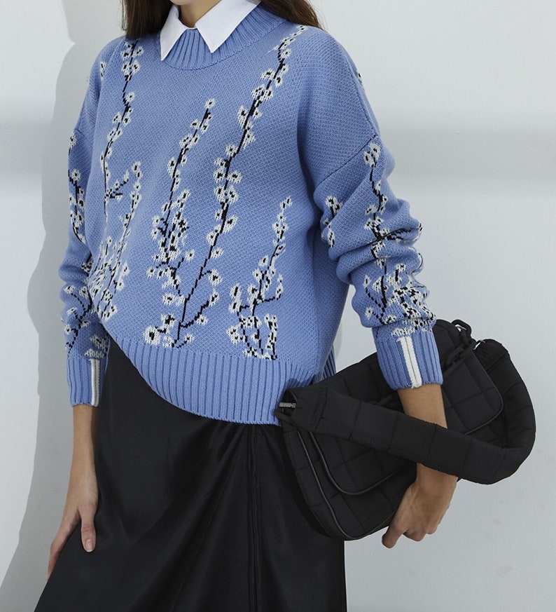 Women Floral Embroidered Sweater, Knitwear Flower Print Sweater, Cottagecore Sweatshirt