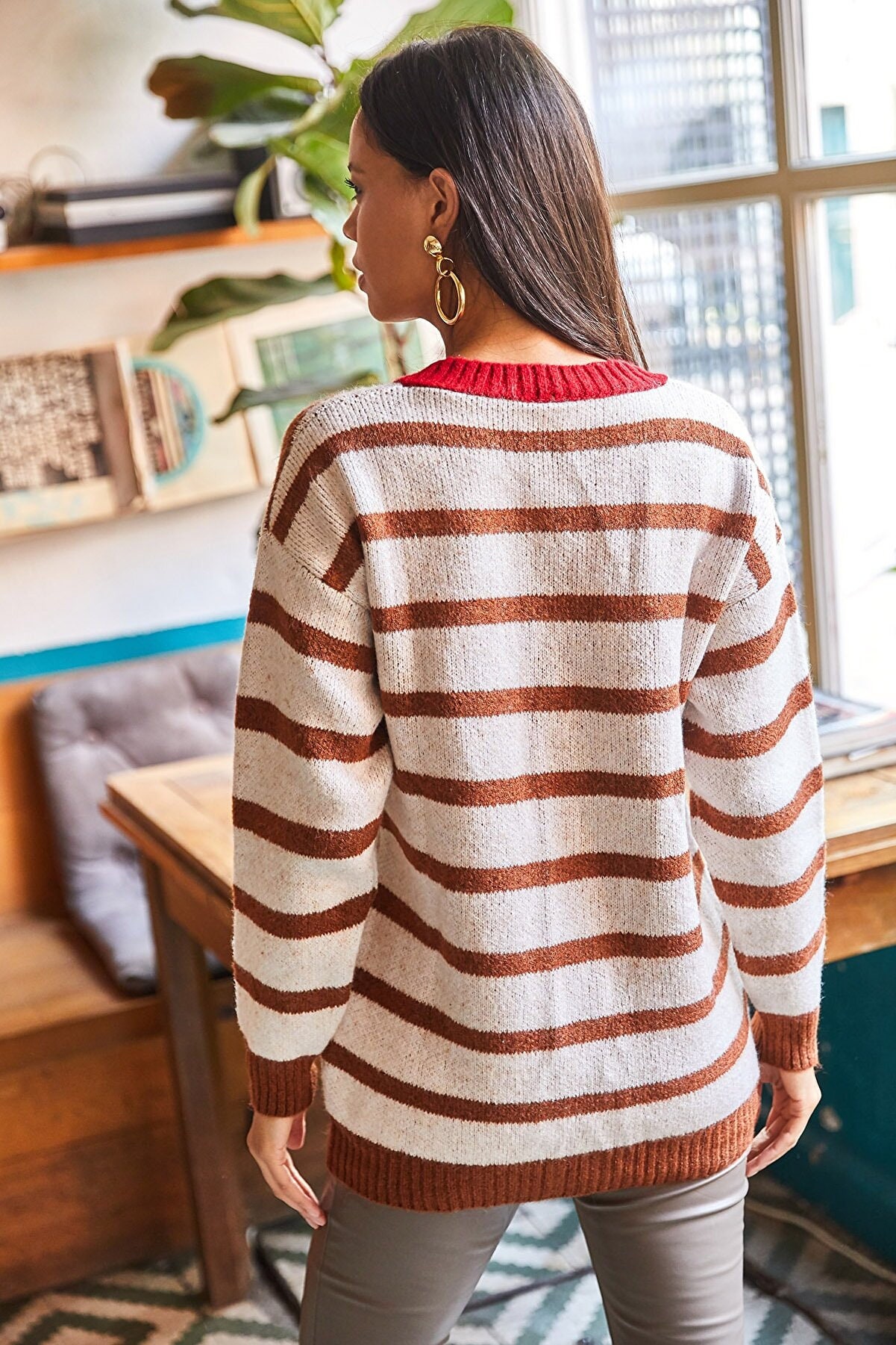 Heart Pattern Striped Sweater, Red Heart Knit Cardigan, Valentines Gift